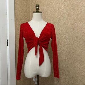 VTG Y2K 90s Slinky Spandex glittered sparkly red tie front long sleeve top